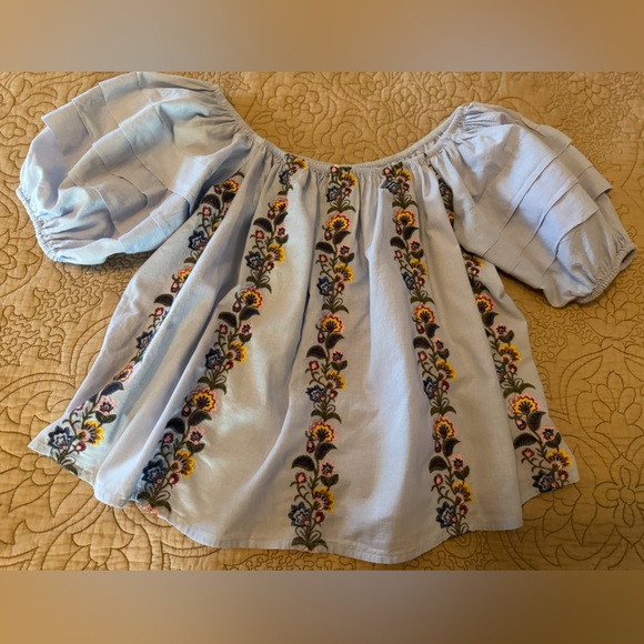 American Eagle Outfitters Tops - American Eagle Floral Embroidery Puff Sleeve Light Blue Babydoll Blouse, Size S